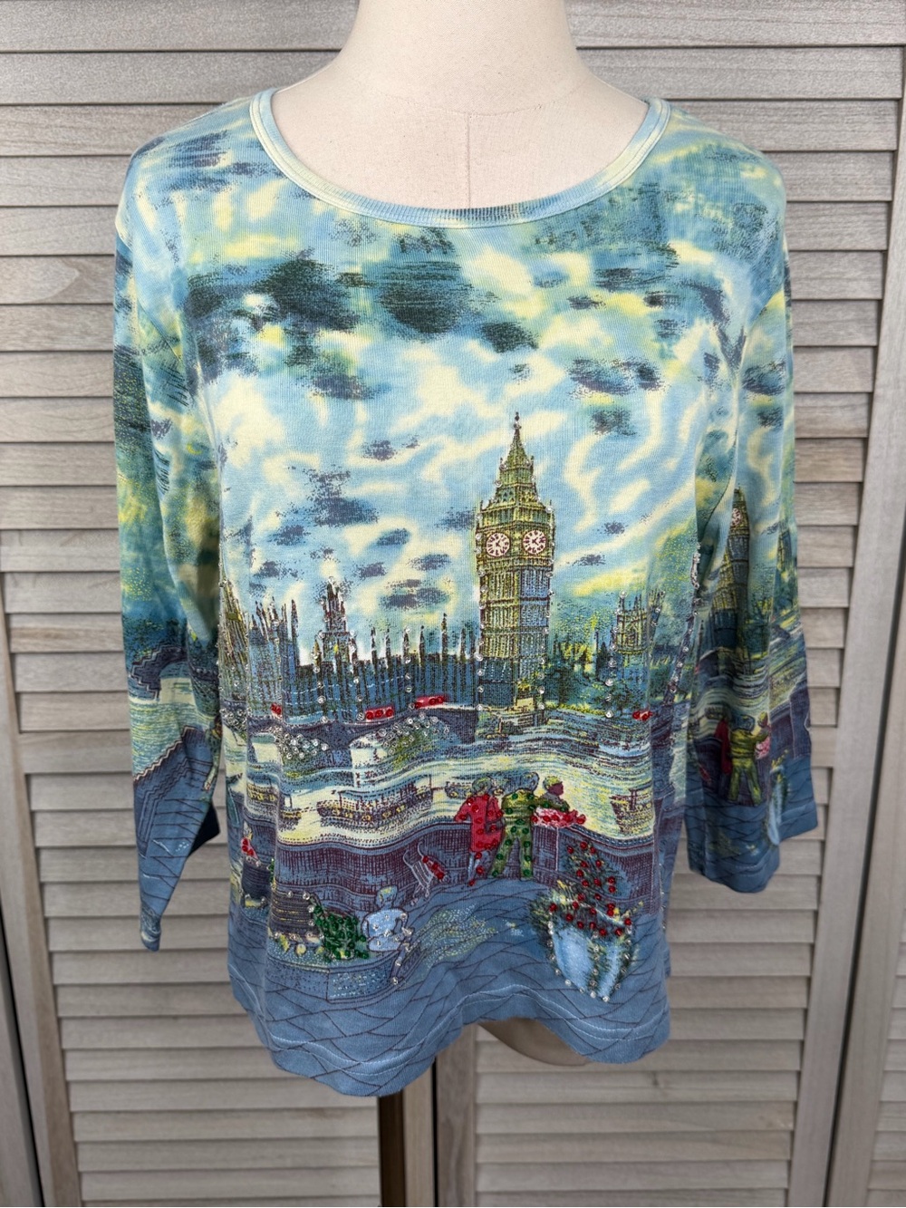 TAKE TWO (Clothing Co.) Vintage 90's-Y2K Beaded London Big Ben 3/4 Sleeve Tee-XL